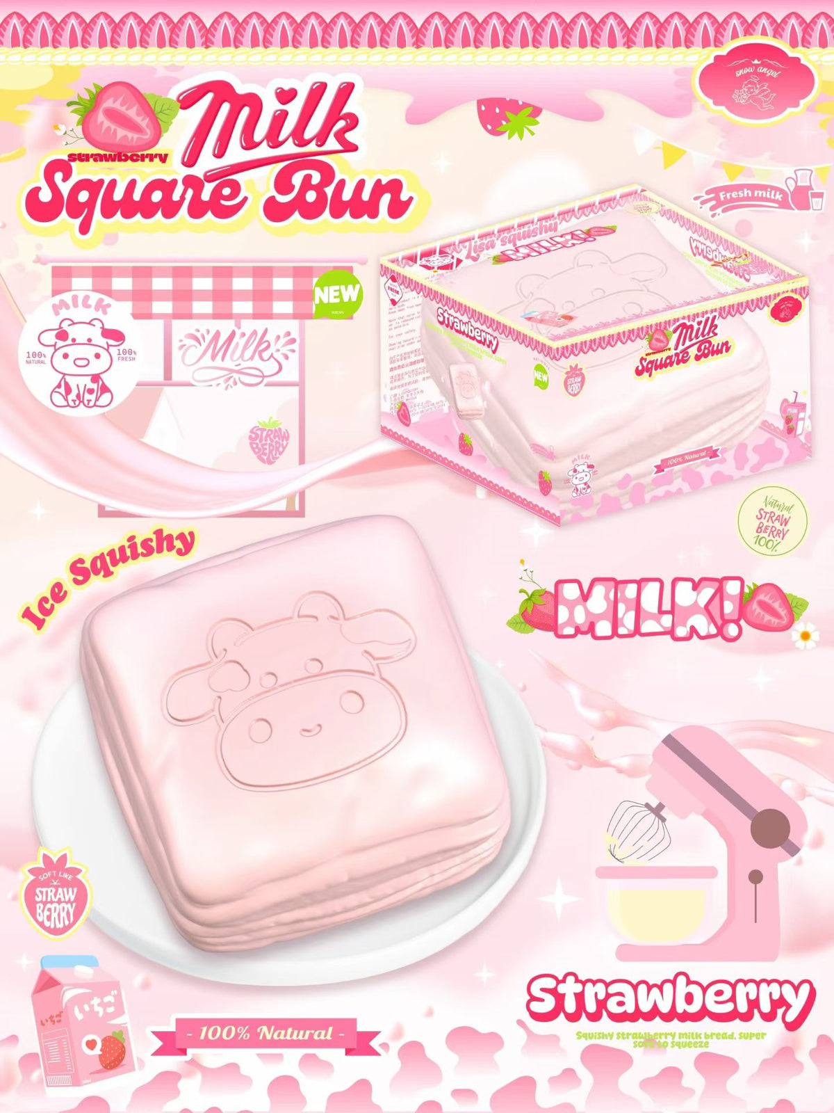 Lisa Strawberry Cow Square Bun Squishy